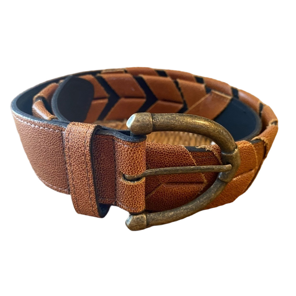 Vintage Kudos Braided Leather Chevron Belt Brown Sz 34